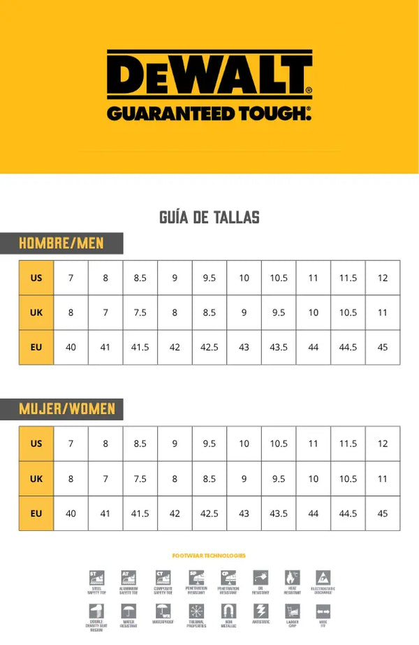 Guía de tallas DEWALT KIRKSVILLE BOTA MEN